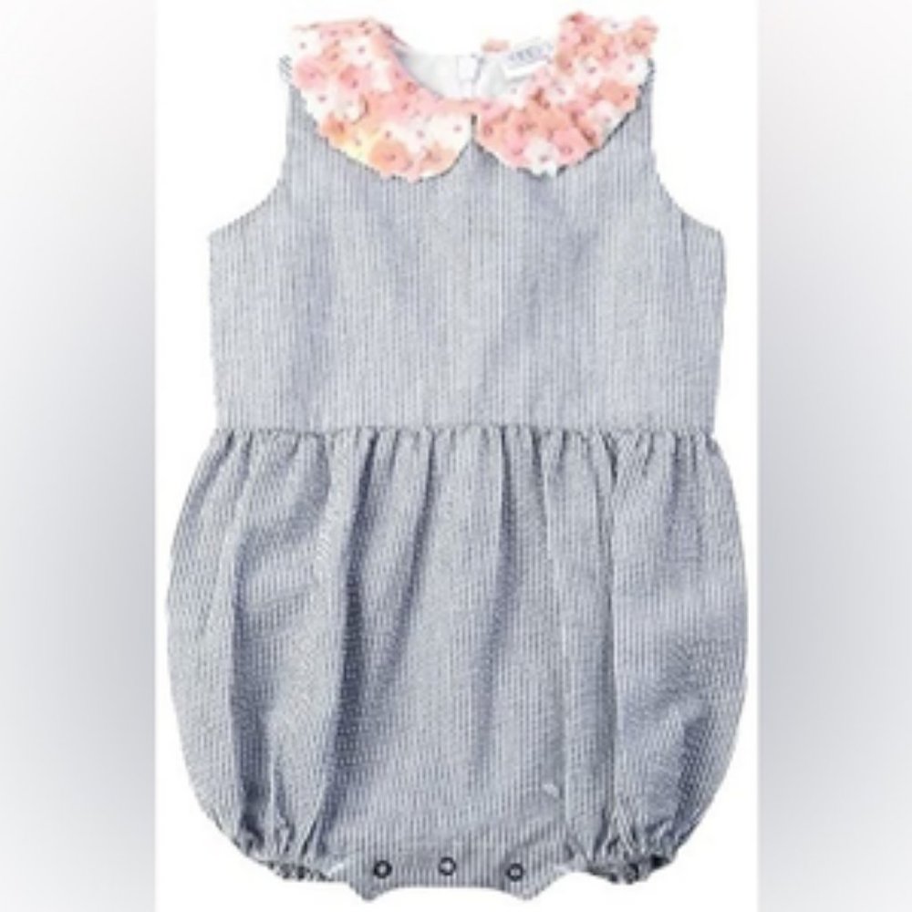 Egg By Susan Lazar Floral Peter Pan Collar Striped “Gemma” Romper 24 months